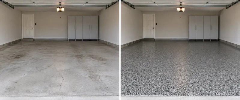 Hypothetical side-by-side garage: worn bare concrete on the left and a flake-finish concept on the right; not an actual repair