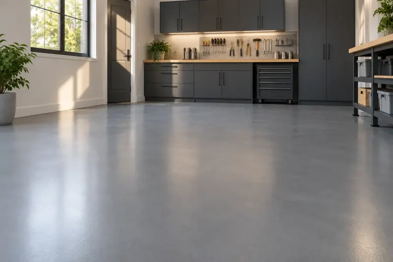 Illustrative home workshop with a solid gray coated-floor concept