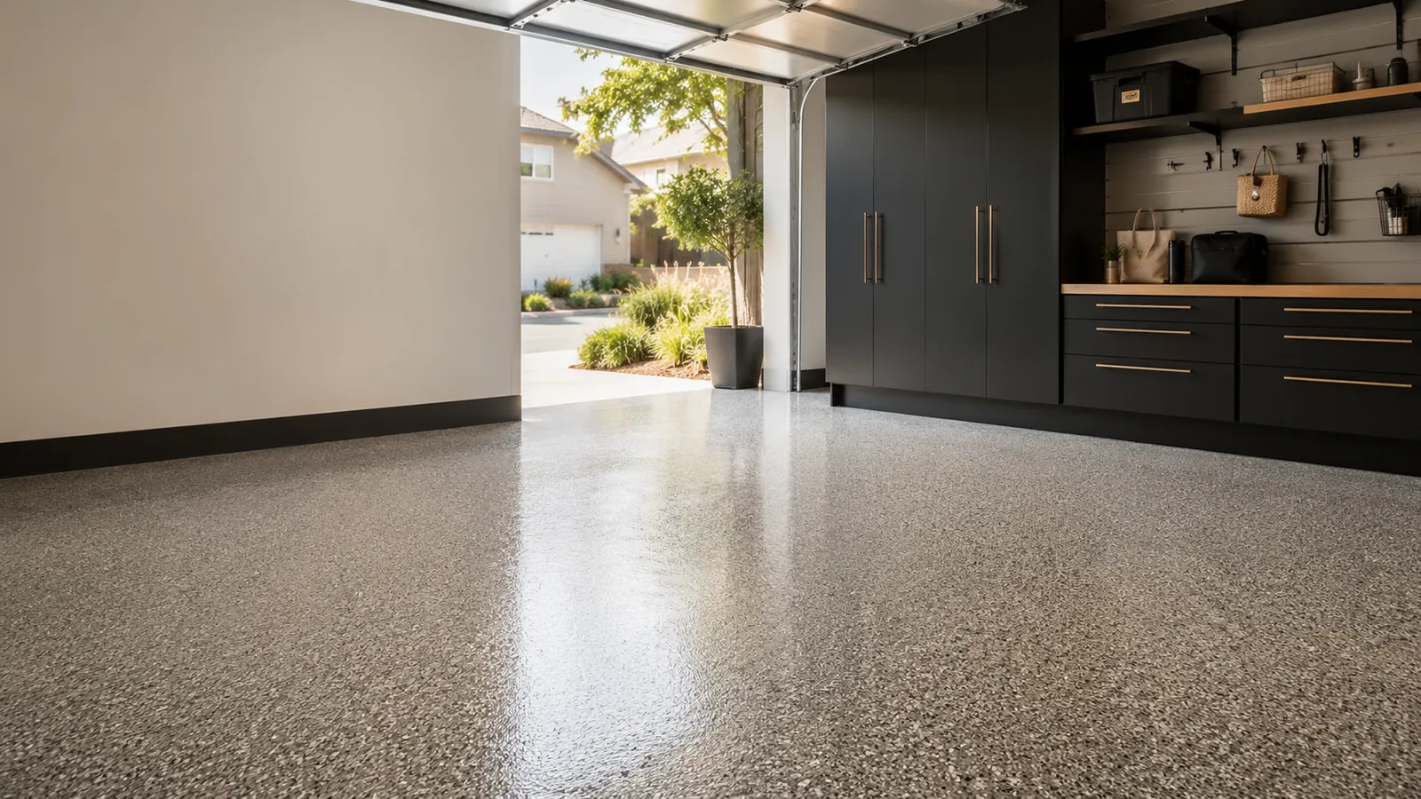 Illustrative garage with a gray flake floor finish; not a completed Floor Forge installation