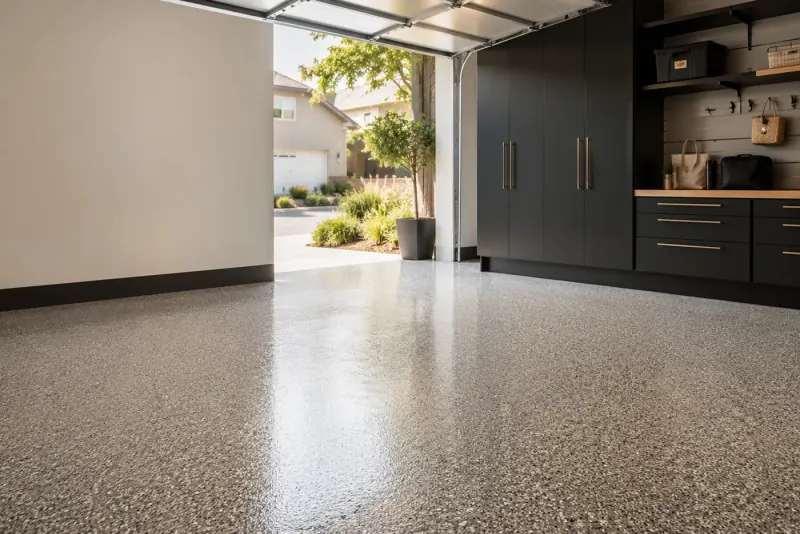 Illustrative finished garage showing a possible floor design