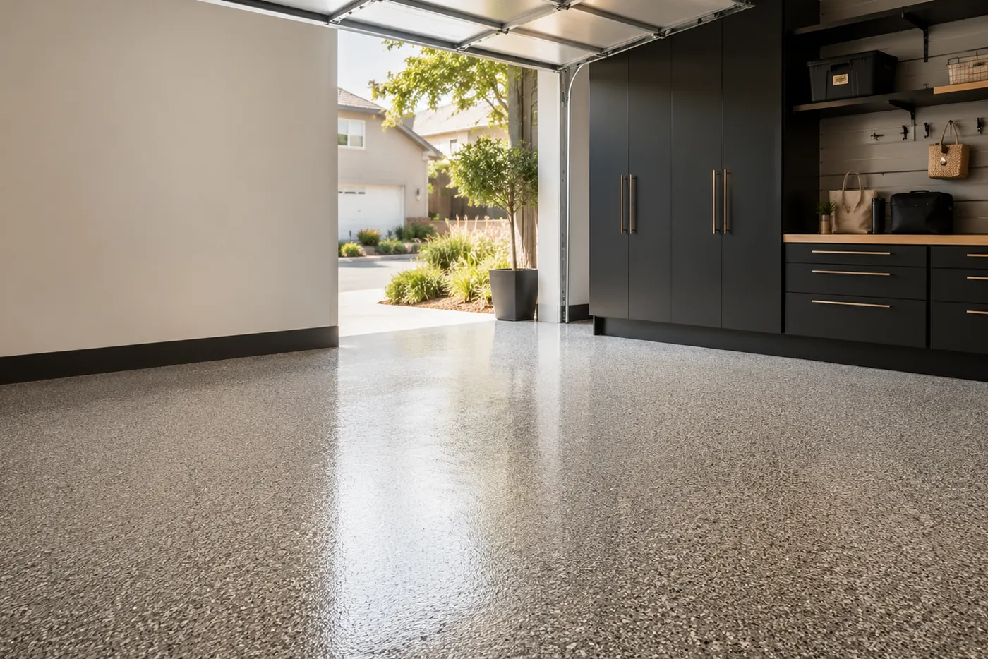 Illustrative finished garage showing a possible floor design